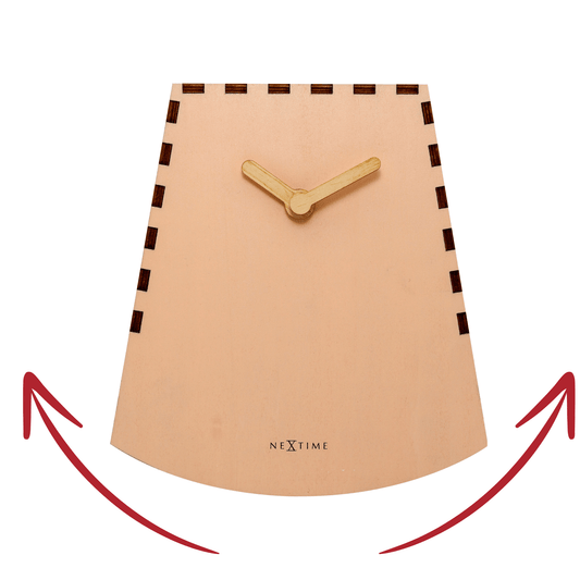 Wooden NeXtime Rocky table clock, 20 cm size with a modern motion design, displayed on a flat surface.