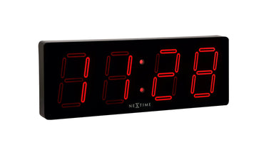 NeXtime Big D wall clock, plastic, 51.5 x 18 x 4.5 cm, showing a sleek modern design with a white face and black hands.