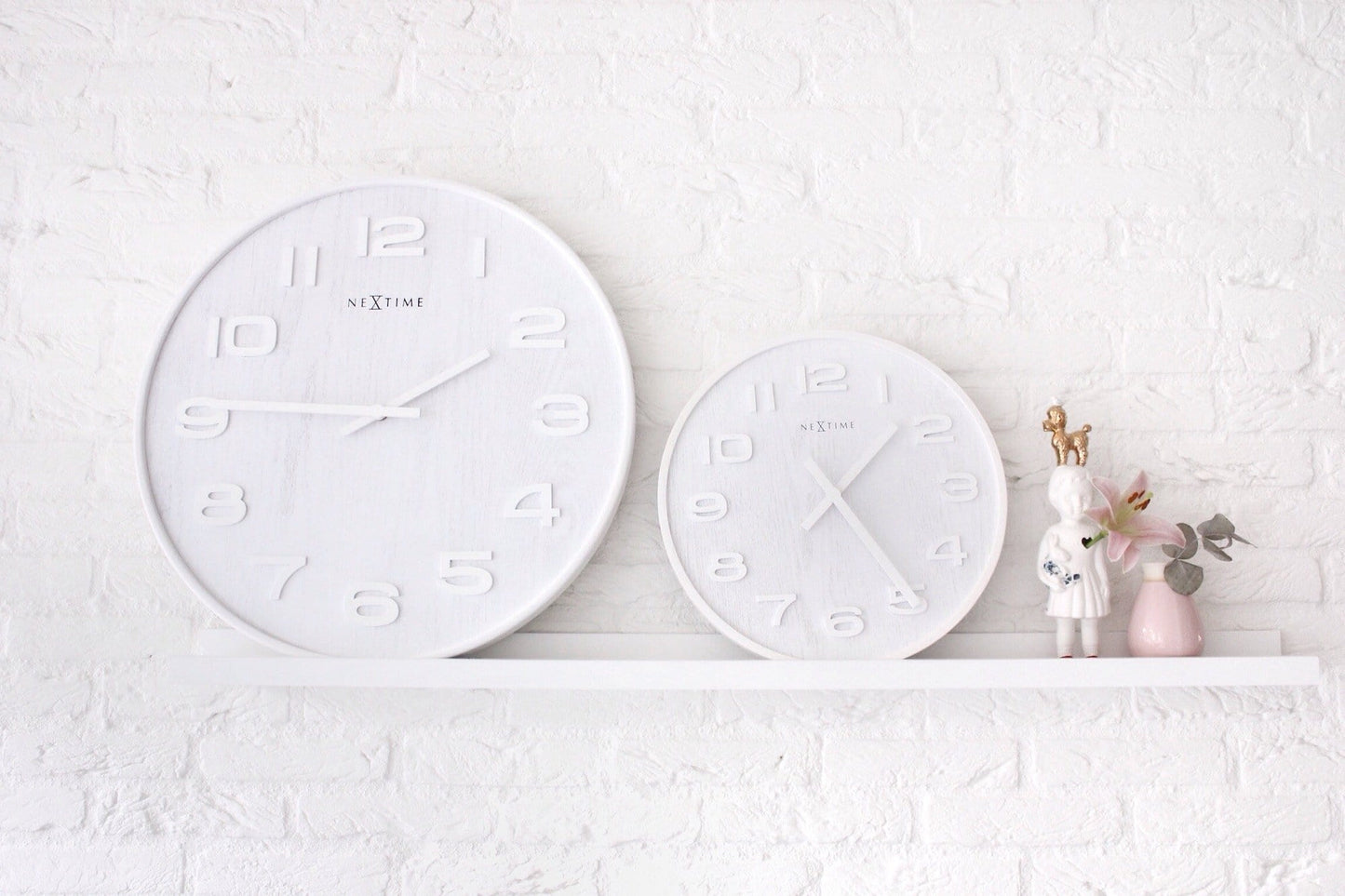 Wood NeXtime wall clock, 35 cm diameter, made of wood with a modern design, suitable for interior wall decor.