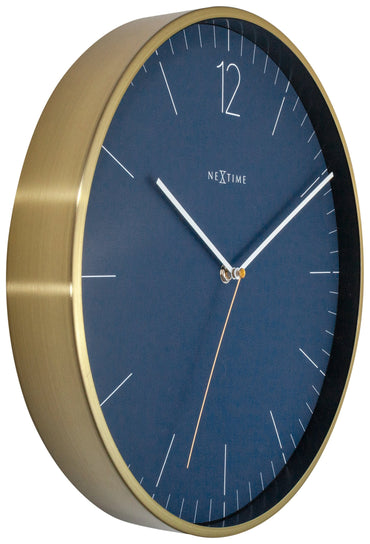 NeXtime Clocks vintage Essential Gold wall clock, 34 cm diameter with glass and metal frame, shown from the left side.