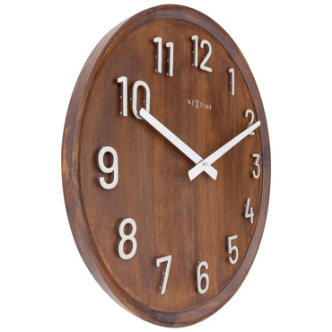 Large wandklok van 50 cm van NeXtime, houten en metalen design, stille wandklok met "Precious" op wijzerplaat, linksafzicht.