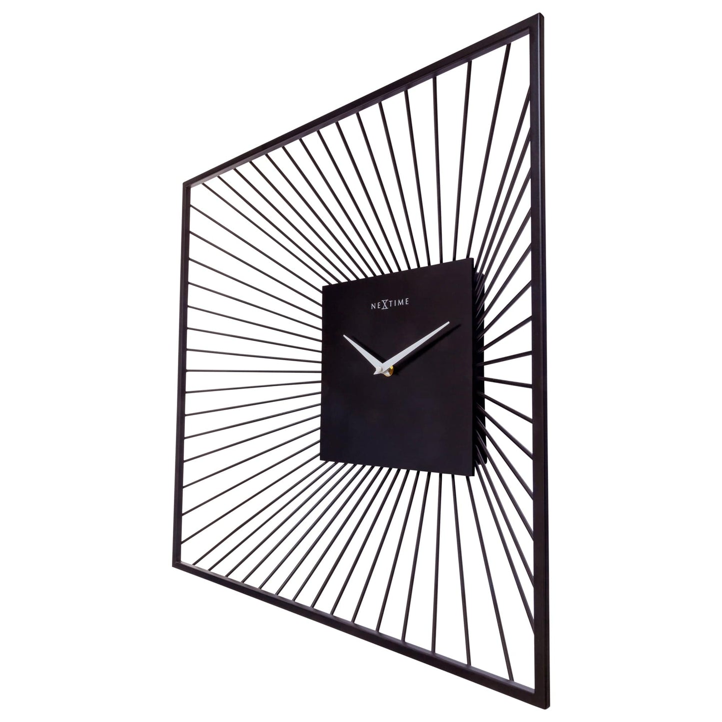 Black metal Vasco Square wall clock by NeXtime Clocks, 45x45x15cm, with a silent quartz movement, shown from the right side.