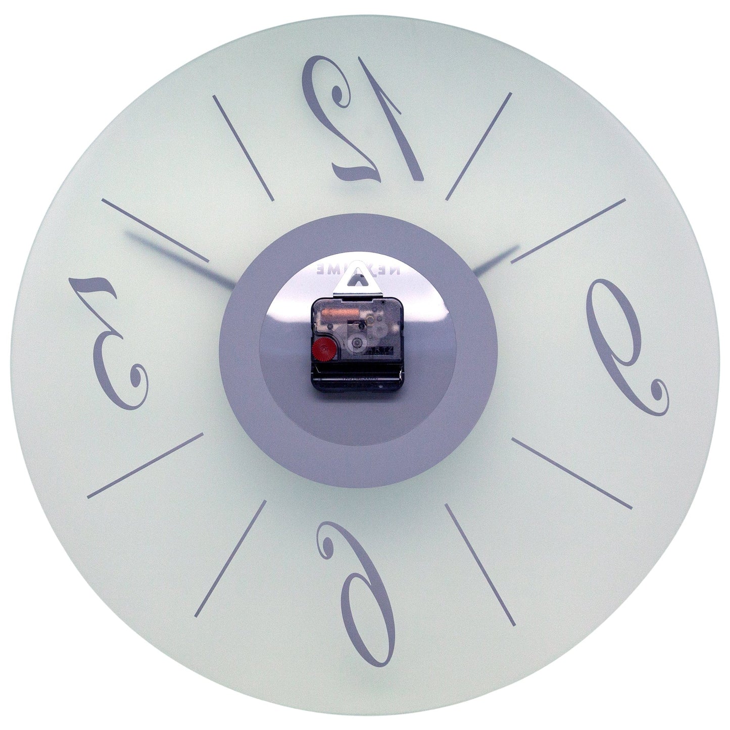 NeXtime Clocks Dali Round wall clock with frosted glass and mirror finish, silent operation, 43cm diameter, back view.