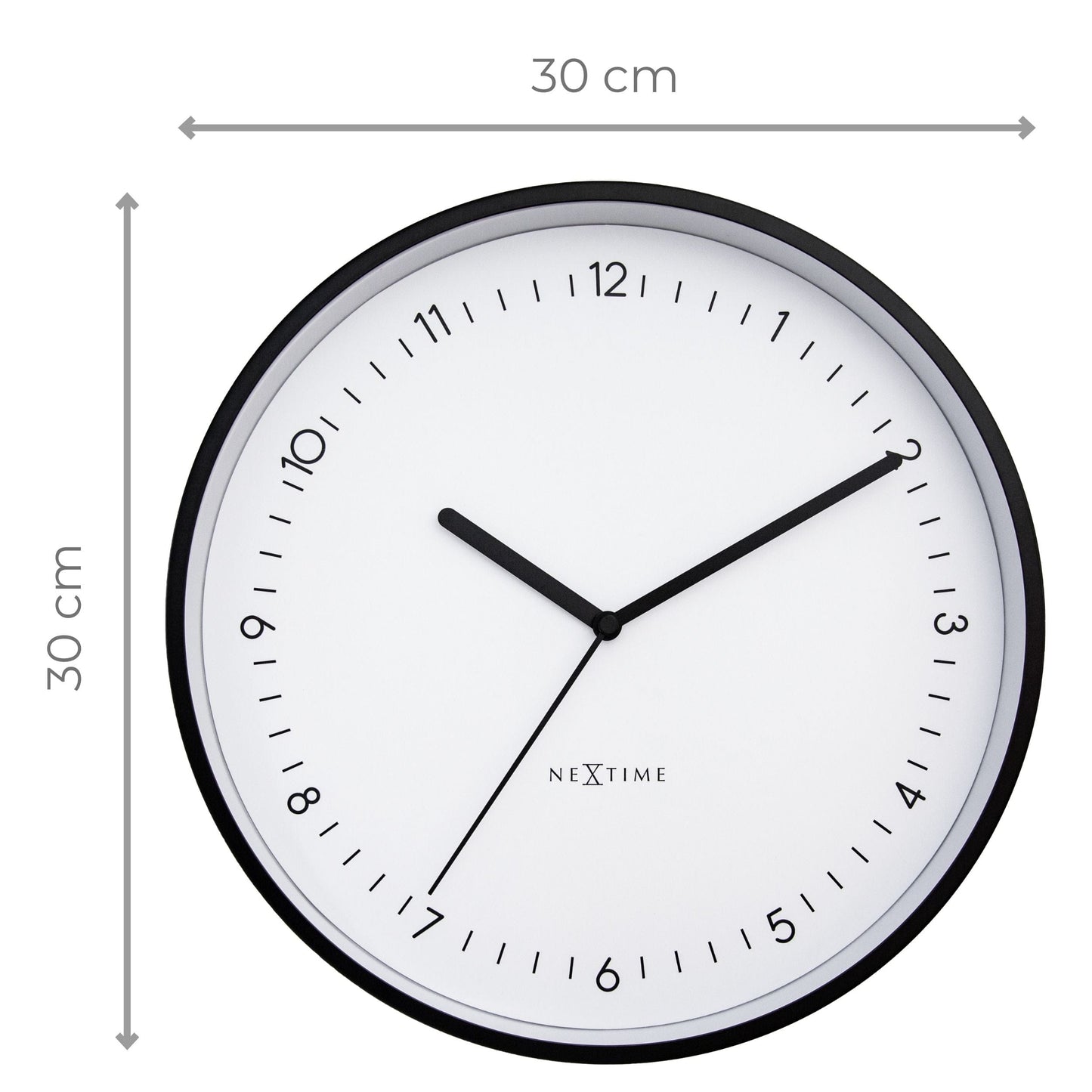 NeXtime Berlin wall clock, 30cm silent aluminium clock with modern design, shown hanging on a wall.