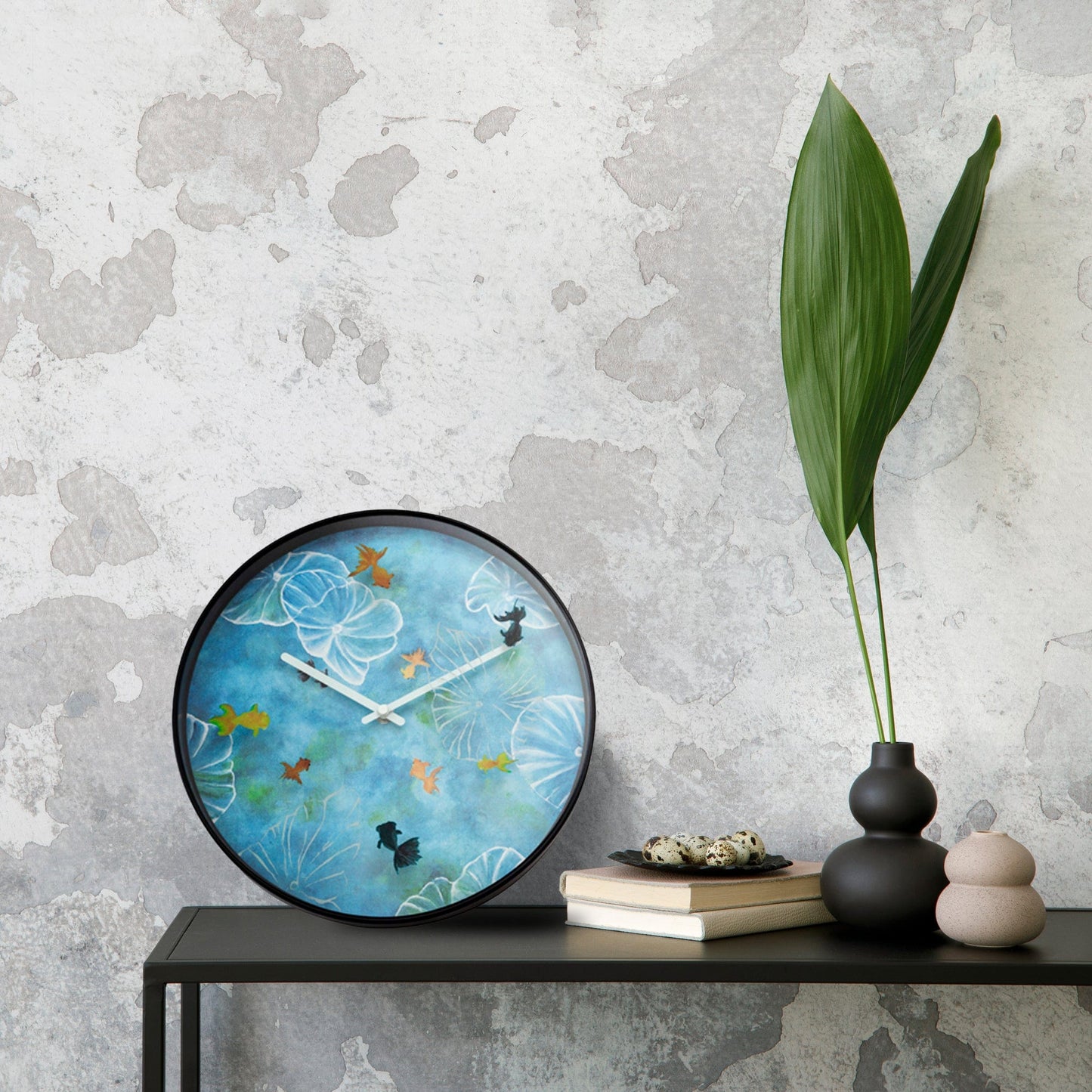 Blue 30cm NeXtime Clocks wall clock with silent movement and plastic frame, featuring a pond design.