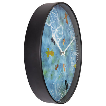 NeXtime Clocks blue 30cm plastic wall clock with silent mechanism and pond design, shown from the left side.