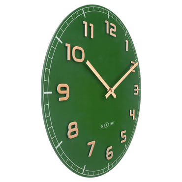 Green NeXtime wall clock, 40cm, silent with glass and aluminium frame, sleek "Classy Medium" design, left side view.