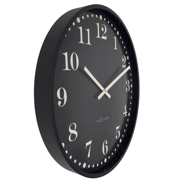 Black and white NeXtime Dickens large wall clock, 50cm diameter, silent movement, plastic frame with a vintage-inspired design.