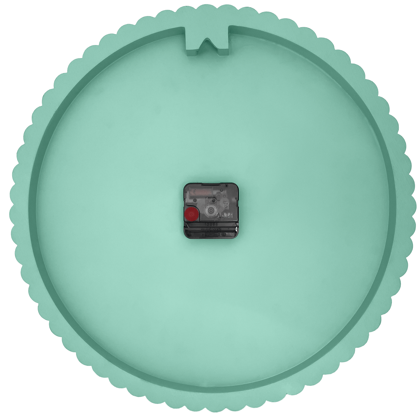 White and green NeXtime Mousse wall clock, 40cm diameter, silent quartz movement, made of polyresin, shown from the back.