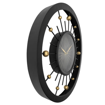 Black metal NeXtime Orbit wall clock, 60cm diameter, silent movement, modern design, shown from the left side.