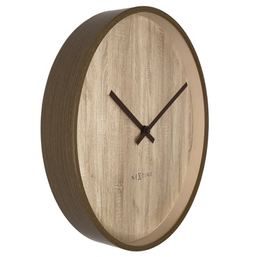 NeXtime Oslo wall clock with a 30cm dark and light brown plastic frame, silent operation, shown from the left side.