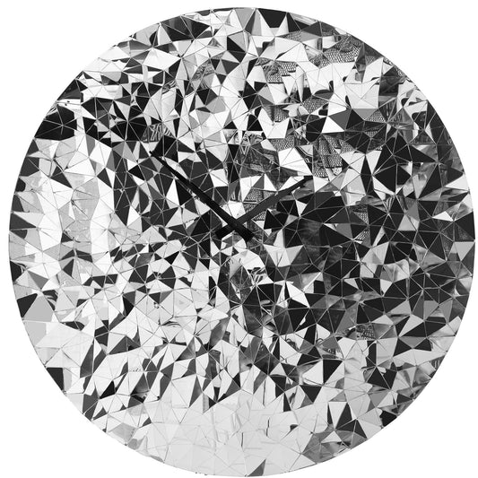 NeXtime stainless steel wall clock with chrome finish, 80cm diameter, silent movement, featuring a modern fragment design.
