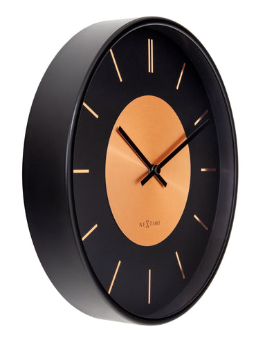 NeXtime Retro II wall clock, 25cm metal design, silent operation, vintage-inspired style, shown from left side.