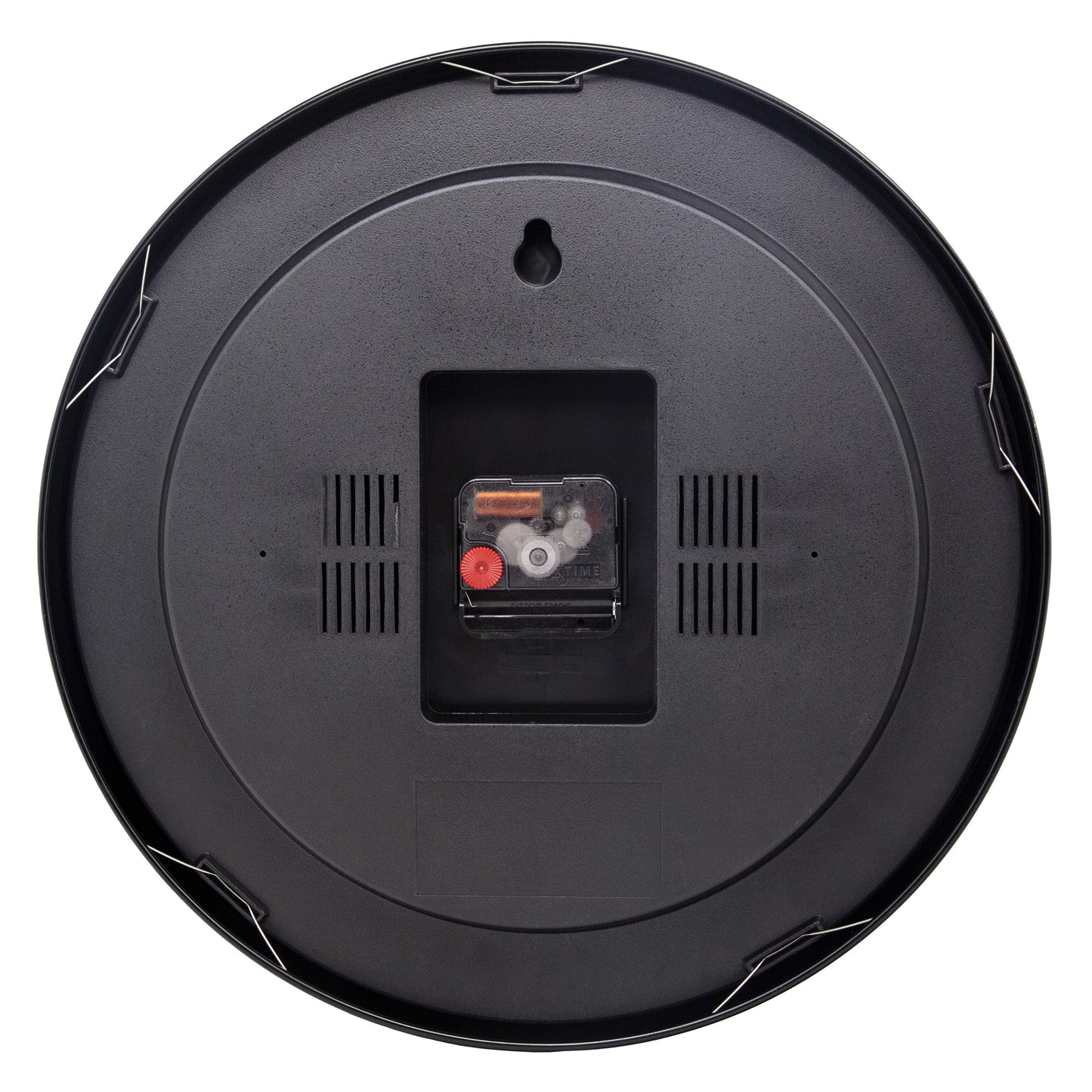 Black NeXtime Station All Black wall clock, 35cm with silent movement and anodized aluminum frame, shown from the back.
