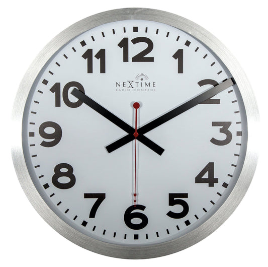 NeXtime Clocks wall clock with 35 cm aluminum frame, radio-controlled station design and DCF numbers, front view.
