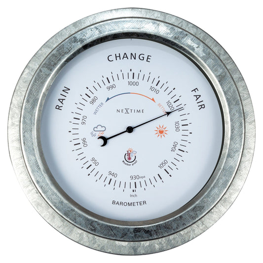 Weatherproof garden barometer by NeXtime Clocks, 22cm metal galvanized orchid design, with a clear dial for weather tracking.
