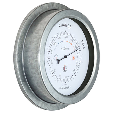 Weatherproof garden barometer by NeXtime Clocks, 22cm galvanized metal with orchid finish, shown from the left side.