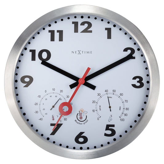 NeXtime Clocks garden wall clock, 35cm weatherproof aluminium outdoor clock with silent mechanism and floral Clematis design.