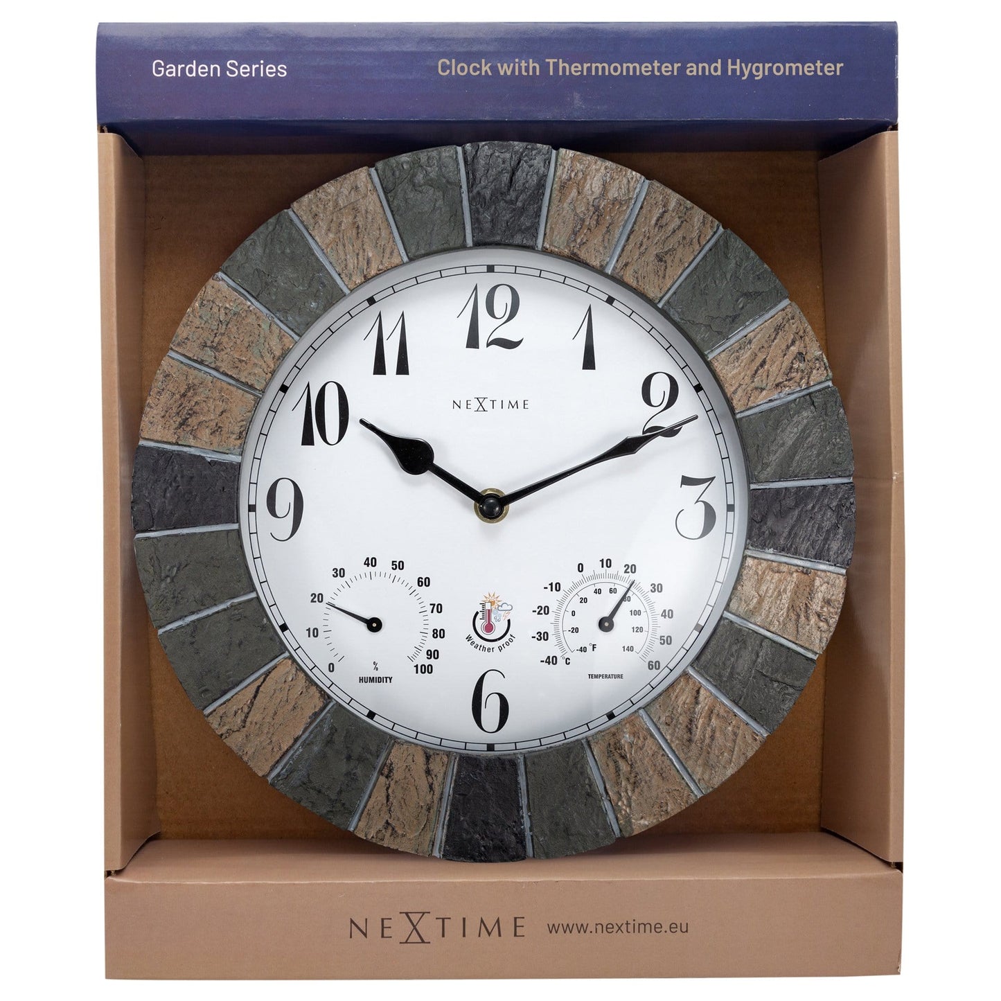 NeXtime Garden Clock weatherstation wall clock, 26cm polyresin Aster design, weatherproof outdoor clock in packaging