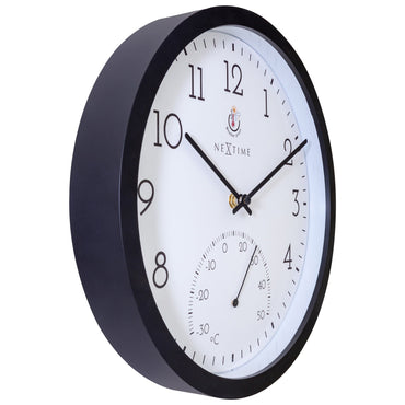 Weatherproof outdoor garden clock with thermometer in Marigold color by NeXtime Clocks, 30.5 cm diameter, shown from the left side.