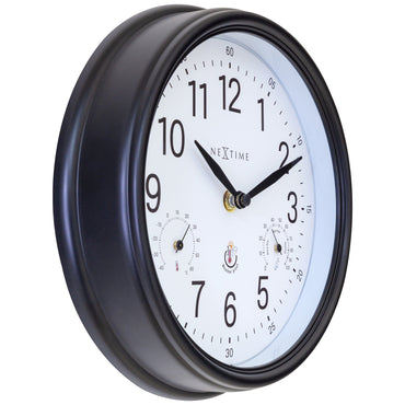 NeXtime Clocks Jasmine weatherproof garden wall clock, 23.5 cm diameter, showing time on a stylish outdoor clock with leftside view.