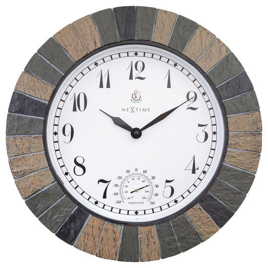 Large NeXtime garden clock with weatherproof polyresin exterior, featuring a thermometer and a 43.5 cm Aster design.