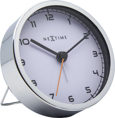 NeXtime Clocks metal alarm clock measuring 9x9x7.5 cm, with a sleek design and the 'Company Alarm' label, viewed from the left side.