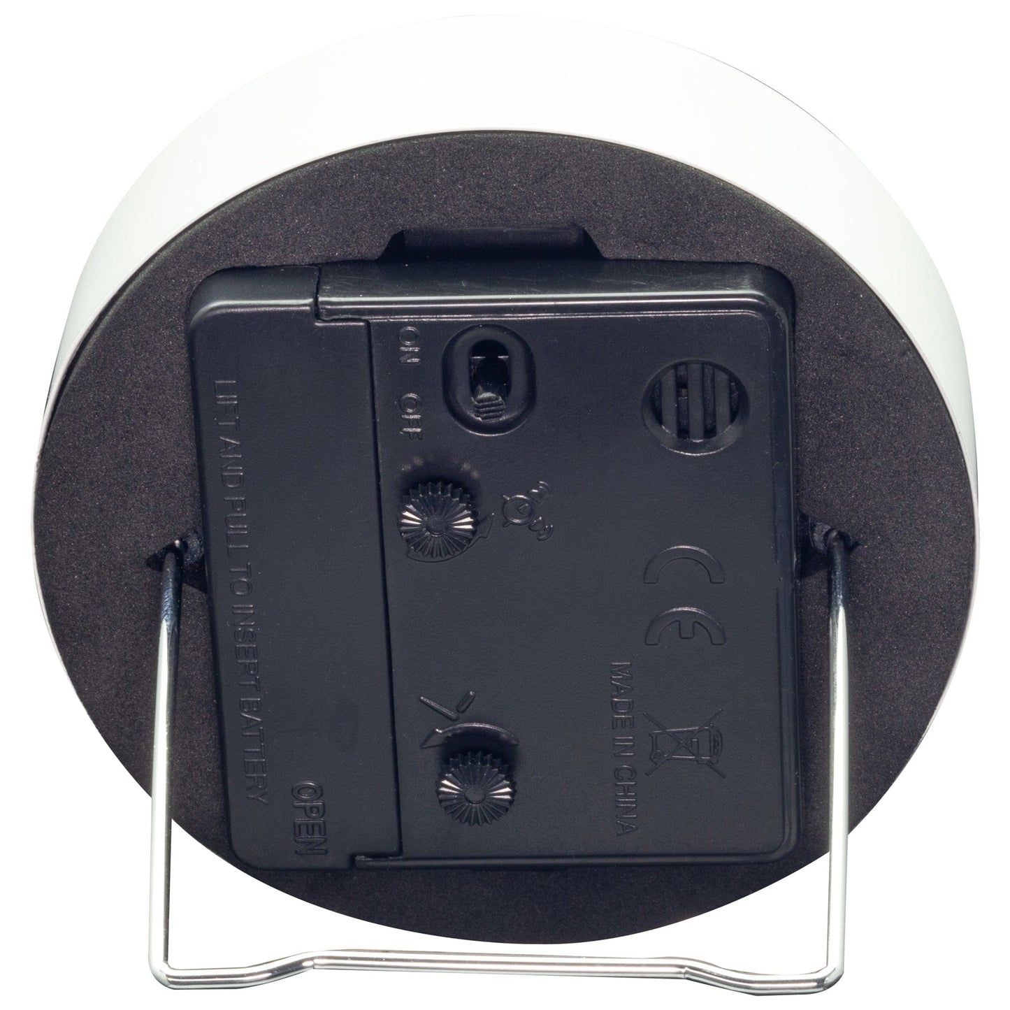 NeXtime Clocks small metal table alarm clock with light function, silent operation, 9x9x7.5cm, shown from the back view.