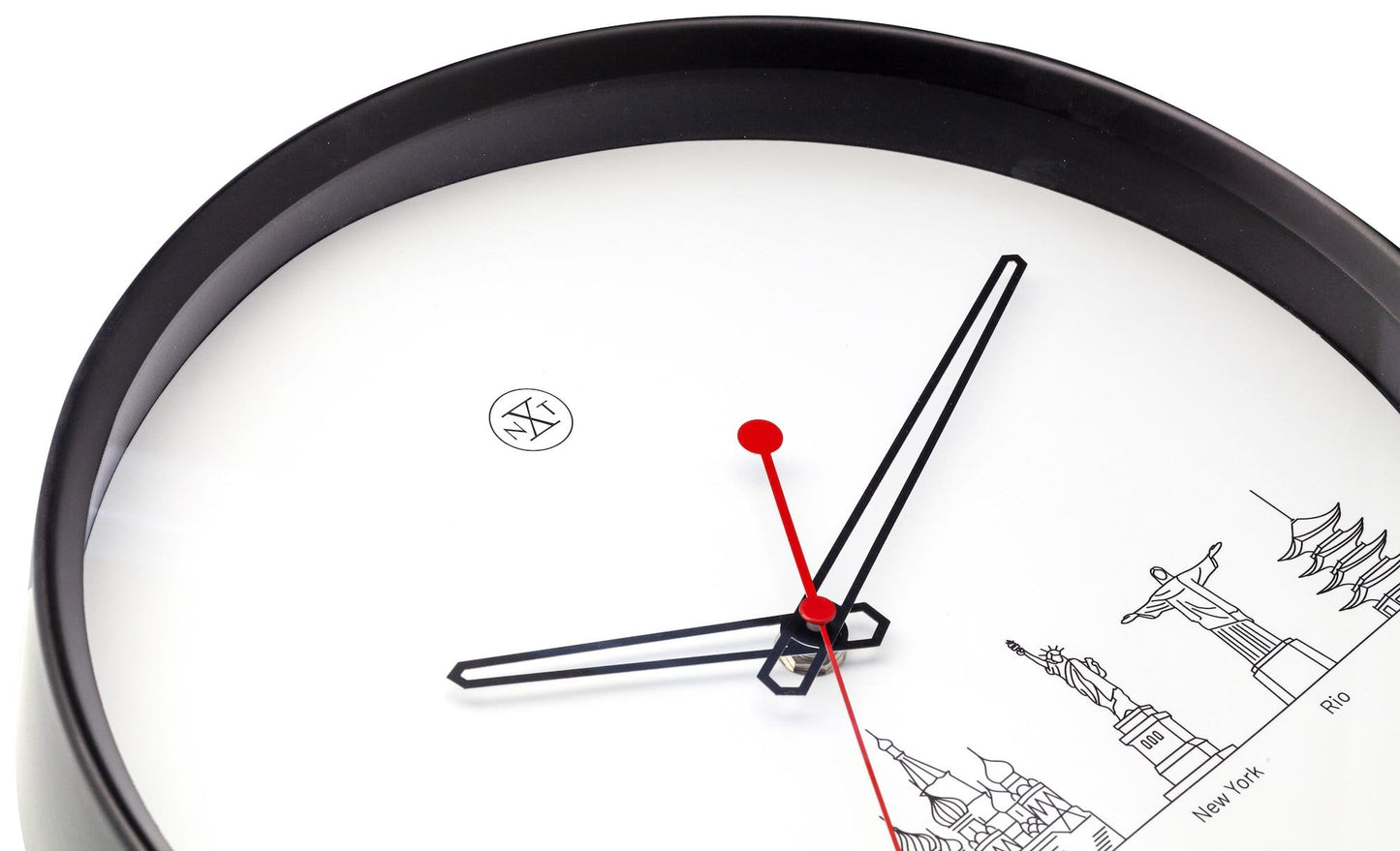 NeXtime Clocks wall clock with 30cm plastic design featuring a world tour map, detailed view of the clock face and hands.