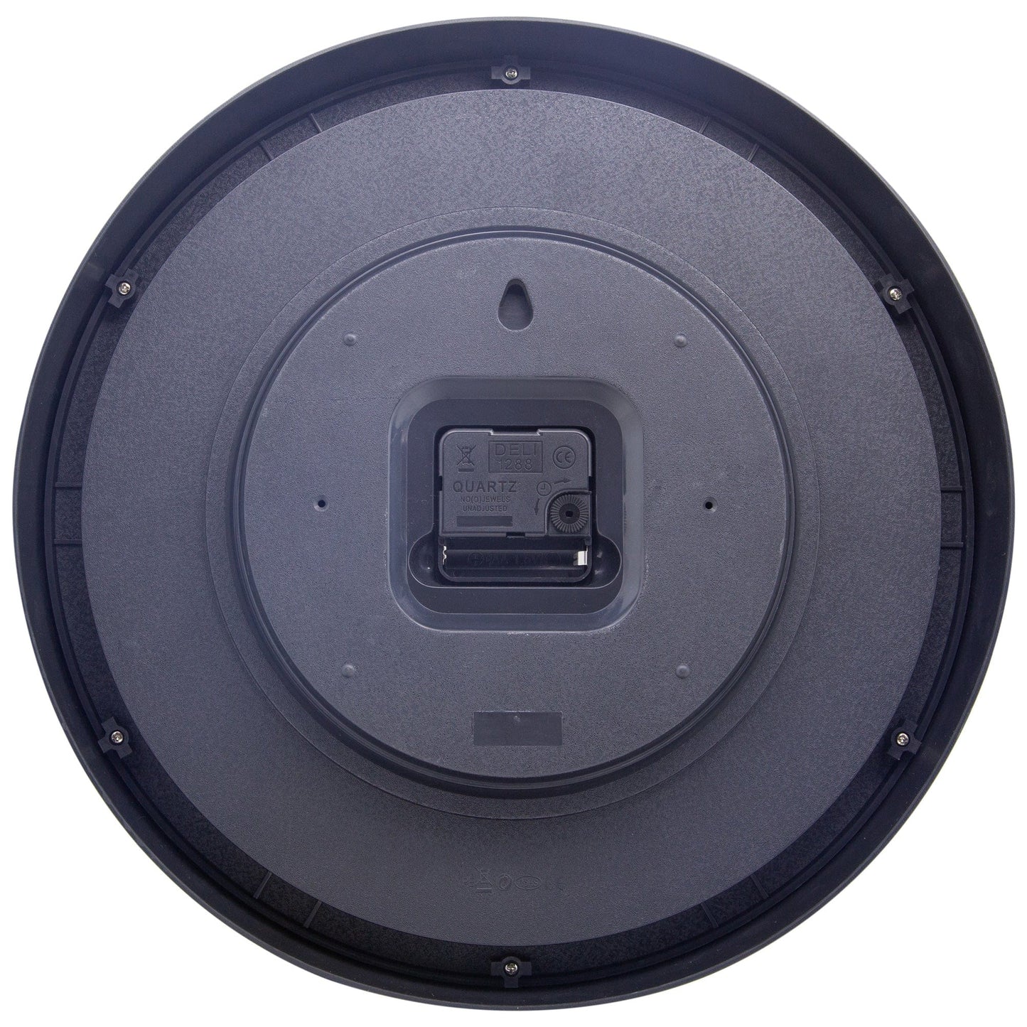 Back view of NeXtime Clocks' 36cm silent plastic wall clock named "Joy," showing its backside and mounting details.