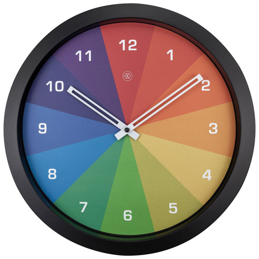 NeXtime Clocks 36cm silent plastic wall clock with "Joy" design, featuring a clear clock face and minimalist style.