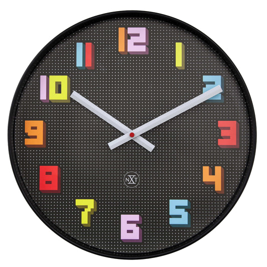 NeXtime Clocks black and multicolour 35cm silent wall clock with game-themed design, made of durable ABS material.