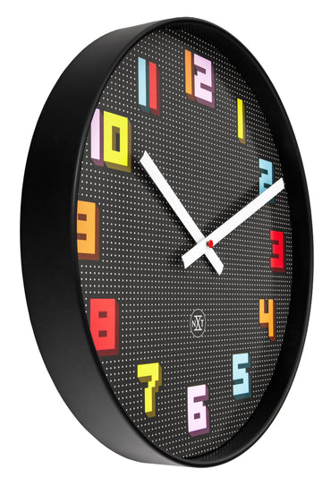 NeXtime Clocks wall clock, 35cm silent black and multicolor design with game-themed ABS frame, side view.