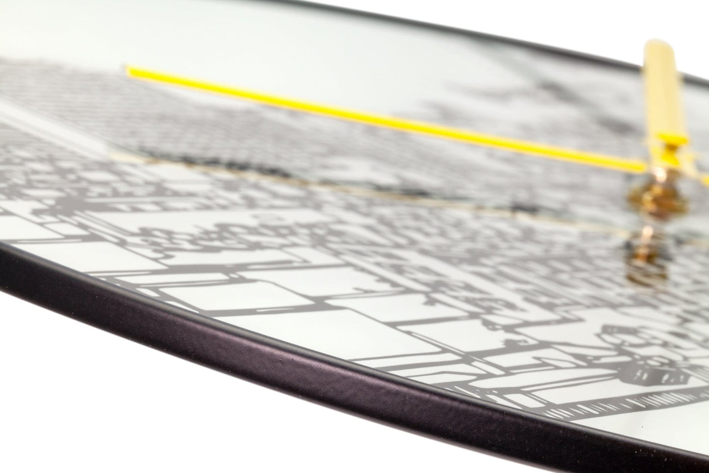 NeXtime Clocks wall clock with 40cm glass and metal trumpet city design, detailed view of the clock face and frame.