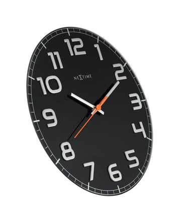 NeXtime Clocks Classy Round wall clock with glass face, 30 x 3.5 cm, viewed from the left side.