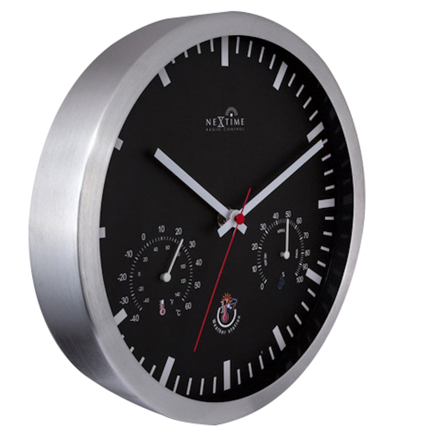 NeXtime Clocks station clock with weather station, 25cm wall-mounted radio-controlled clock showing weather data and time.