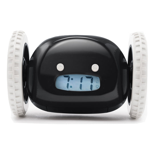 Black Clocky alarm clock on wheels from NeXtime Clocks, featuring a modern design with digital display and mobility.