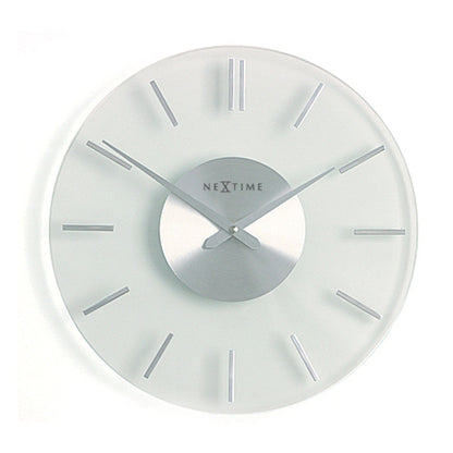 NeXtime Clocks 26cm aluminum and glass wall clock with a modern stripe design, perfect for contemporary home decor.