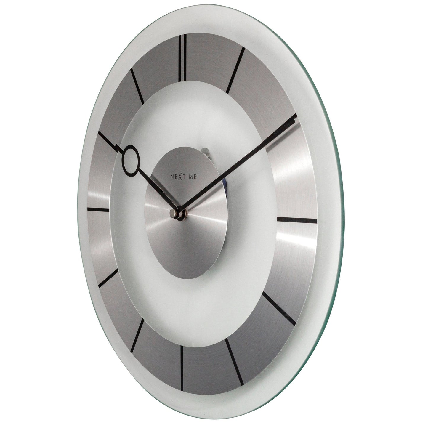 NeXtime Clocks retro wall clock, 31 cm aluminium frame with glass cover, showcasing a vintage-inspired design.