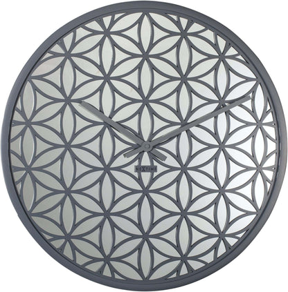 NeXtime Wall clock with 50cm wooden frame and mirror accents, titled Bella Mirror, showcasing a modern decorative design.