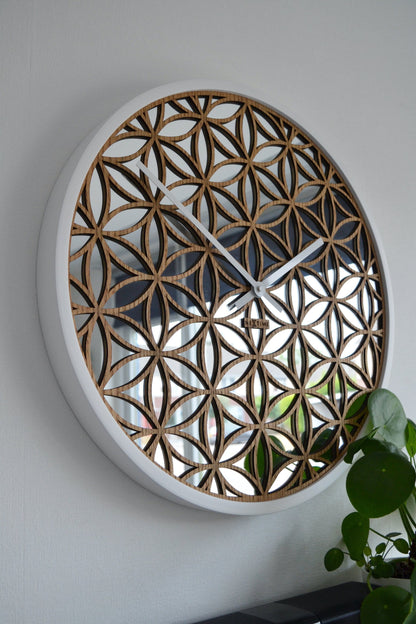 NeXtime Bella Mirror wall clock, 50 cm diameter with wood and mirror frame, stylish modern design.