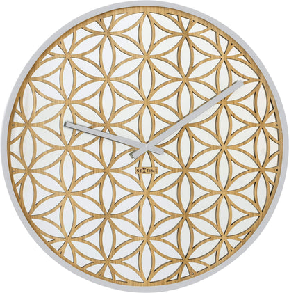 NeXtime Clocks Bella Mirror wall clock, 50cm with wood frame and mirror accents, stylish decorative timepiece for modern interiors.