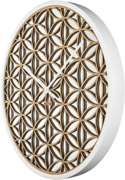 NeXtime Clocks Bella Mirror wall clock with 50cm wooden frame and mirror accents, right side view.
