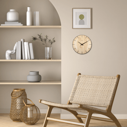 NeXtime Clocks 35cm Edge Wood Dome Glass Wall Clock with modern design and wood accents.