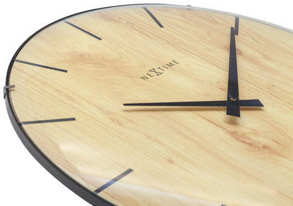 NeXtime Clocks Edge Wood Dome wall clock with 35 cm diameter, glass dome and wooden frame, detailed close-up image