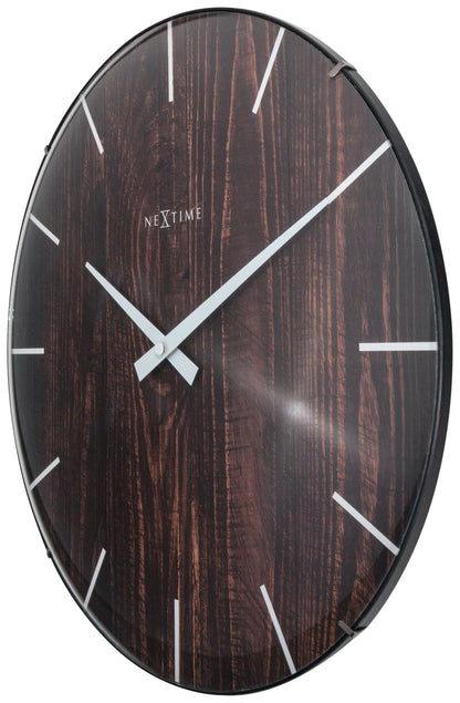 NeXtime Clocks Edge Wood Dome wall clock with 35cm diameter and dome glass, featuring a stylish wooden design.