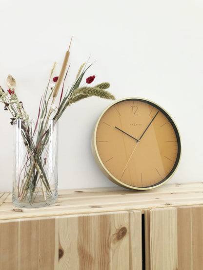 Vintage NeXtime Clocks wall clock, 34 cm with glass and metal, featuring an "Essential Gold" design and classic style.