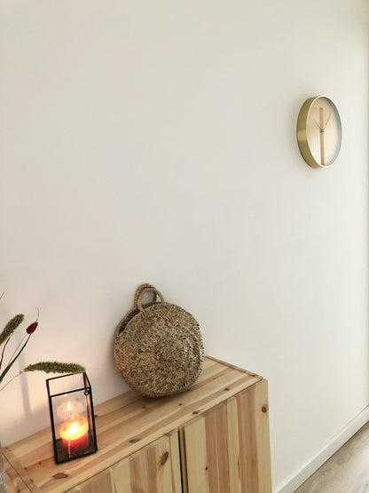 Vintage NeXtime Clocks wall clock, 34 cm glass and metal with gold finish, stylish home decor timepiece.