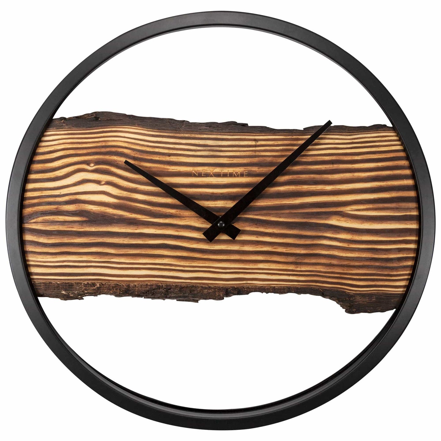 NeXtime Clocks wooden wall clock with silent mechanism, 30cm diameter, featuring a forest-themed wood and metal design.