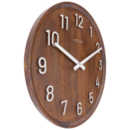 Large wandklok van 50 cm van NeXtime, houten en metalen design, stille wandklok met "Precious" op wijzerplaat, linksafzicht.